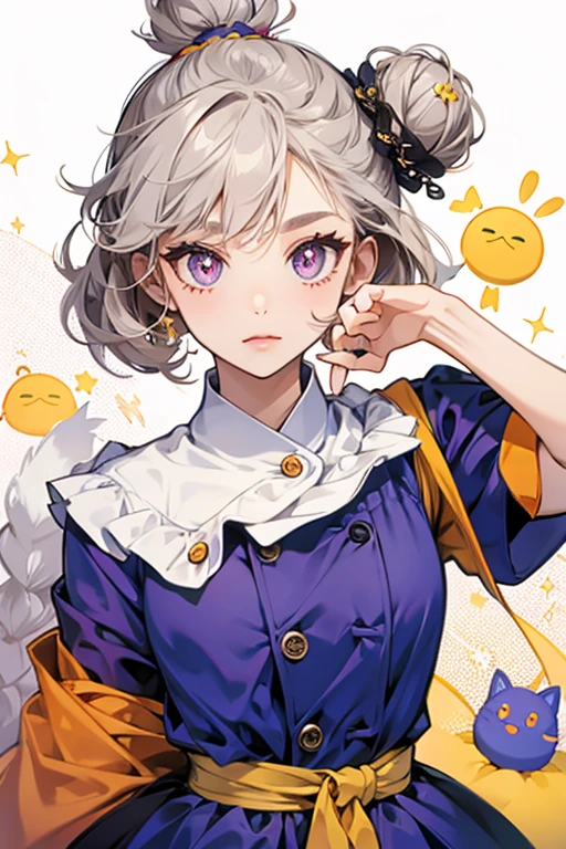Obagurutchi is an orange Tamagotchi with a triangular shaped head and slim body. She has oval eyes with sparkle shaped pupils, dark orange cheek highlights, and gray hair which hangs off the sides of her head and is also tied in a bun. There are additionally two curls next to the hair bun. She wears a purple dress with a cream colored collar and buttons. SPARKLE; GLITTER