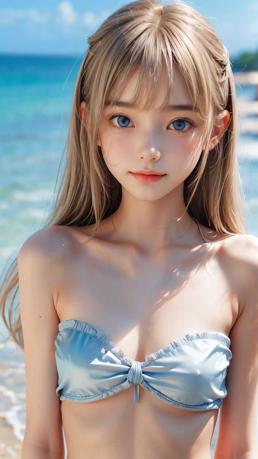 ((sfw: 1.4)), ((sfw, bandeau bikini, beach, bony body, sidelocks-hair, smile, 1 girl)), ultra high resolution, (real: 1.4), RAW photo, highest quality, (photorealistic), focus ,Soft light,(()),((Shiny platinum blonde silk super long straight hair, beautiful shiny bangs, big clear sky blue eyes, very beautiful bright eye highlights)),(((Young face))),(Surface),(Depth of field),Masterpiece,(Photoreal),Woman, Bangs,( (1 girl)