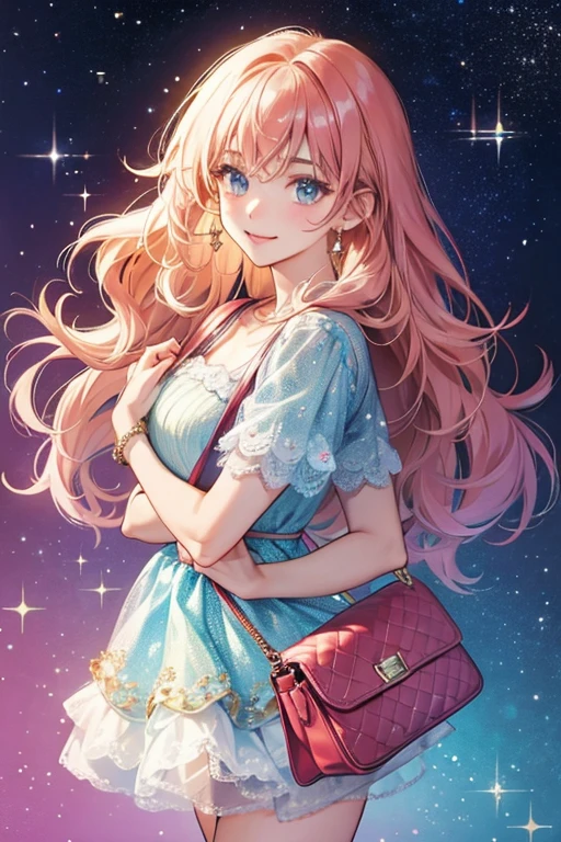 fluffy hair and arms holding a handbag. SPARKLE; GLITTER