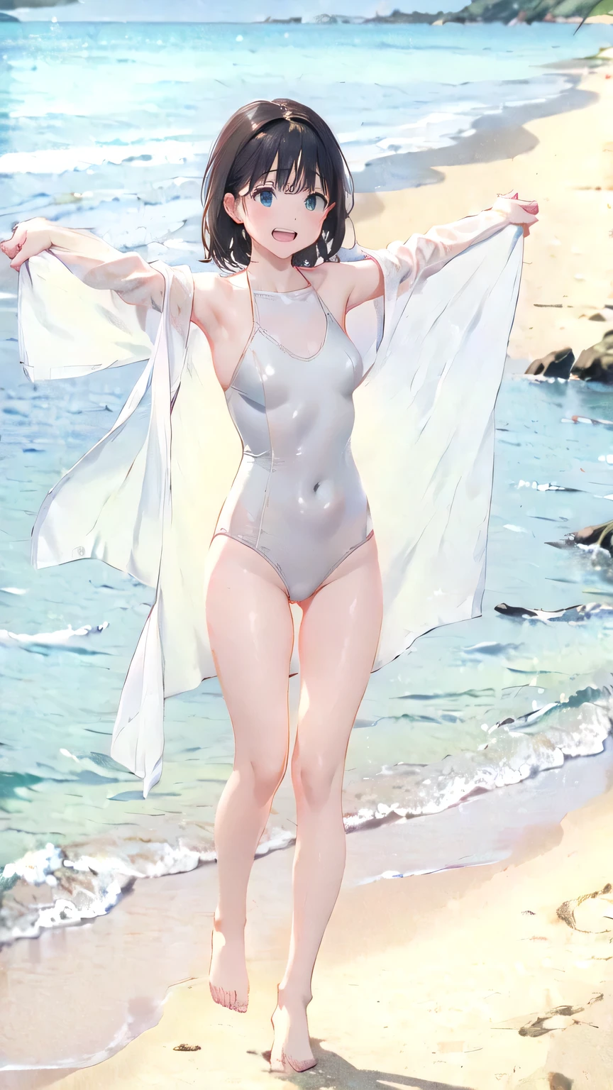 young woman、Ocean、Embarrassed laugh、Exact number of legs、Exact number of arms、refreshing、Light clothing、Beach、Skin-colored swimsuit、High Leg、See through、