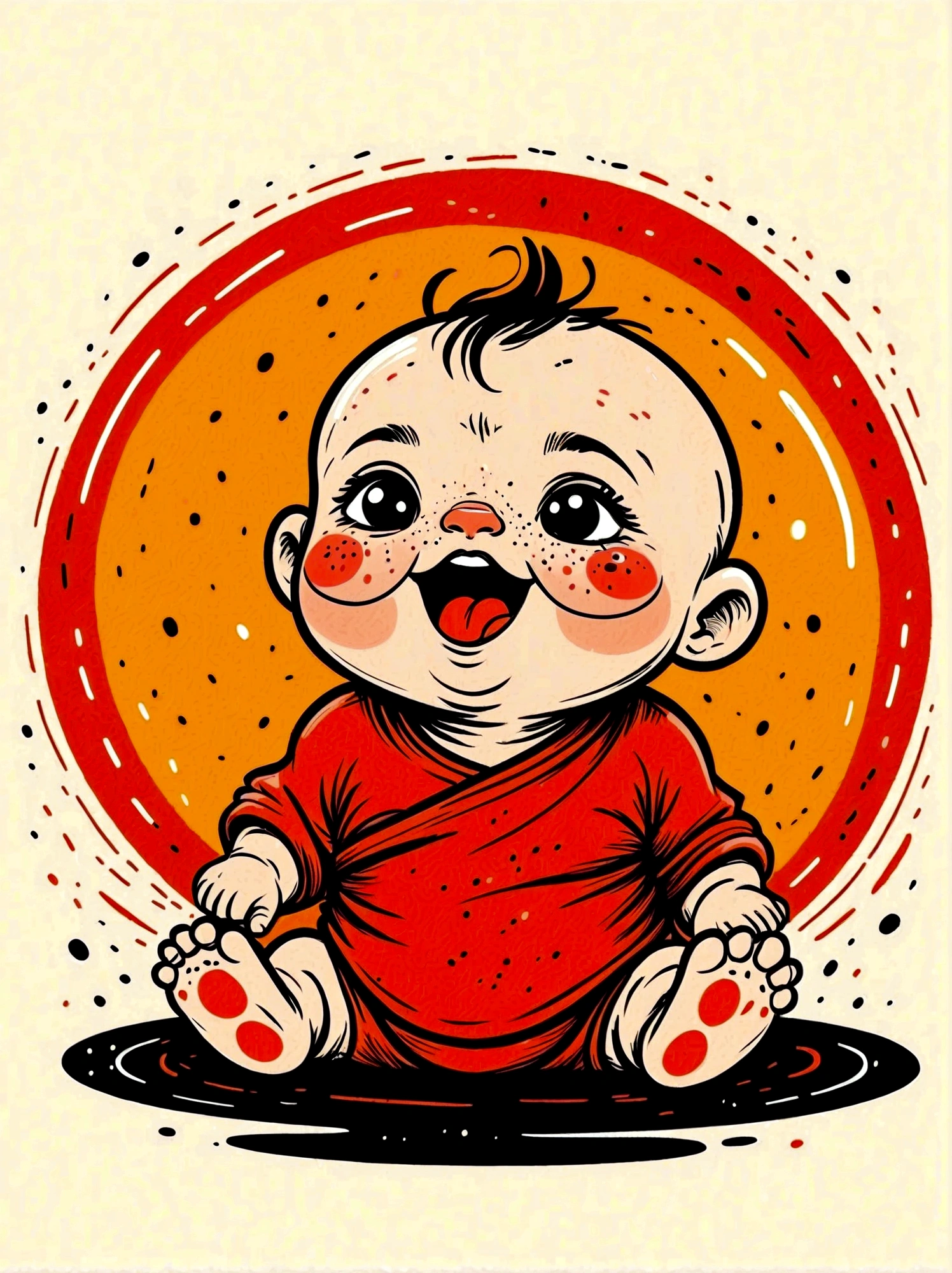 Cartoon hand drawn, baby, solo, cry,nipple,The color palette is in red, orange and black tones and has a sketchy style, The background should have a simple hand-drawn doodle pattern