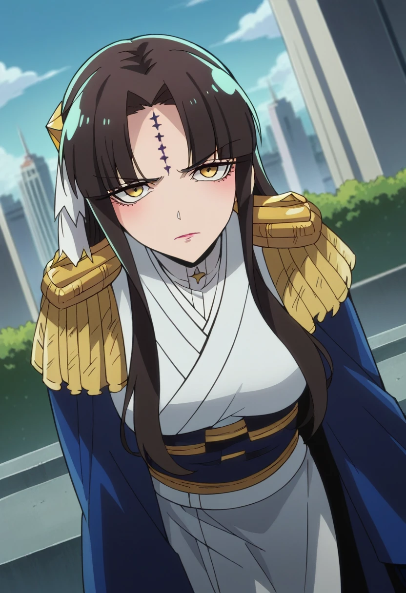 score_9, score_8_up, score_7_up, source_anime,
michikotanaka, michiko tanaka, long hair, black hair, yellow eyes, facial mark, forehead mark,
gloves, japanese clothes, black gloves, kimono, epaulettes,
outdoors, cityscape, bent over,
looking at viewer, dutch angle, cowboy shot