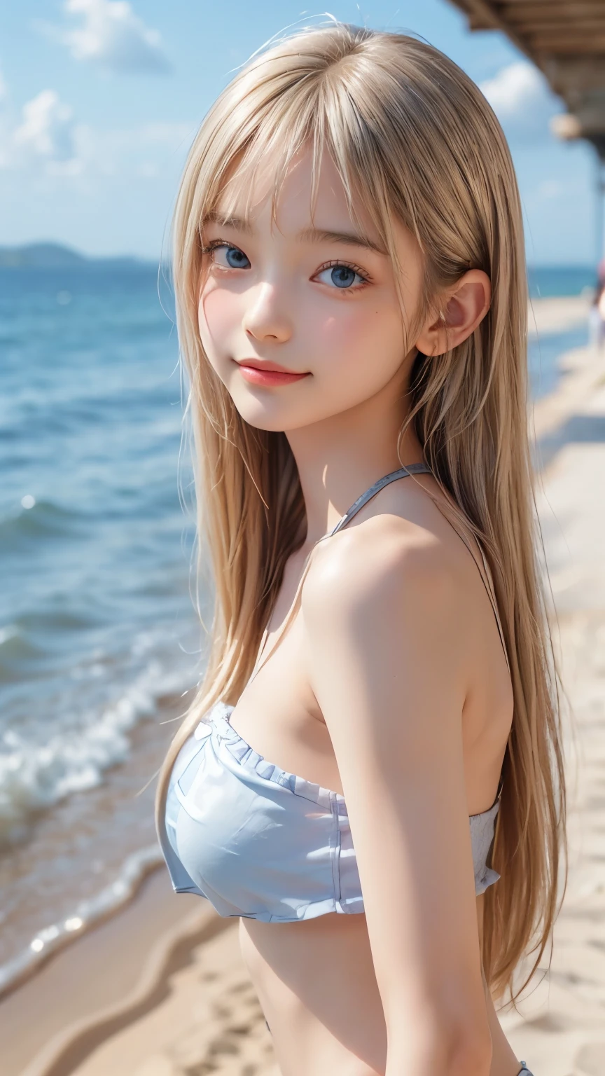 ((sfw: 1.4)), ((sfw, bandeau bikini, beach, bony body, sidelocks-hair, smile, 1 girl)), ultra high resolution, (real: 1.4), RAW photo, highest quality, (photorealistic), focus ,Soft light,(()),((Shiny platinum blonde silk super long straight hair, beautiful shiny bangs, big clear sky blue eyes, very beautiful bright eye highlights)),(((Young face))),(Surface),(Depth of field),Masterpiece,(Photoreal),Woman, Bangs,( (1 girl)