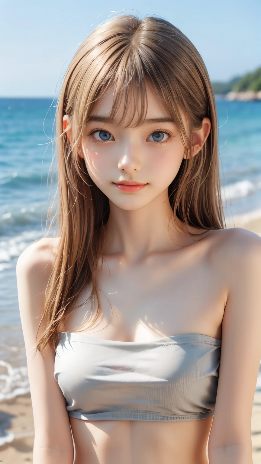 ((sfw: 1.4)), ((sfw, bandeau bikini, beach, bony body, sidelocks-hair, smile, 1 girl)), ultra high resolution, (real: 1.4), RAW photo, highest quality, (photorealistic), focus ,Soft light,((************)),((Shiny platinum blonde silk super long straight hair, beautiful shiny bangs, big clear sky blue eyes, very beautiful bright eye highlights)),(((Young face))),(Surface),(Depth of field),Masterpiece,(Photoreal),Woman, Bangs,( (1 girl)