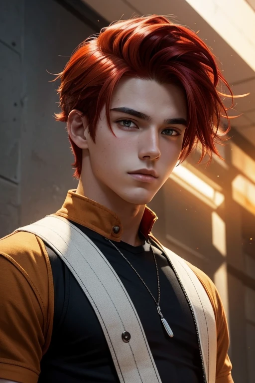 Jett is a young 17 year old male, has fiery hair that stands out in any crowd, with red strands that seem to capture the sun's rays and dance in the wind. Seus cabelos curtos e ondulados caem em ondas rebeldes sobre sua testa, algumas mechas mais longas caindo de forma desgrenhada sobre os olhos. Your azel gaze is deep and penetrating, Able to capture the attention of anyone who dares to face him, conveying an intriguing mix of intensity and mystery. The freckles that dot her face form unique patterns, like secret constellations that only he knows. His angular face is marked by an expression that oscillates between confident arrogance and a mischievous smile., revealing a little of your indomitable spirit. Com ombros largos e uma postura ereta, He exudes an aura of strength and determination, while your every move seems driven by an uncontrollable energy, as if you were always on the edge of an exciting adventure.