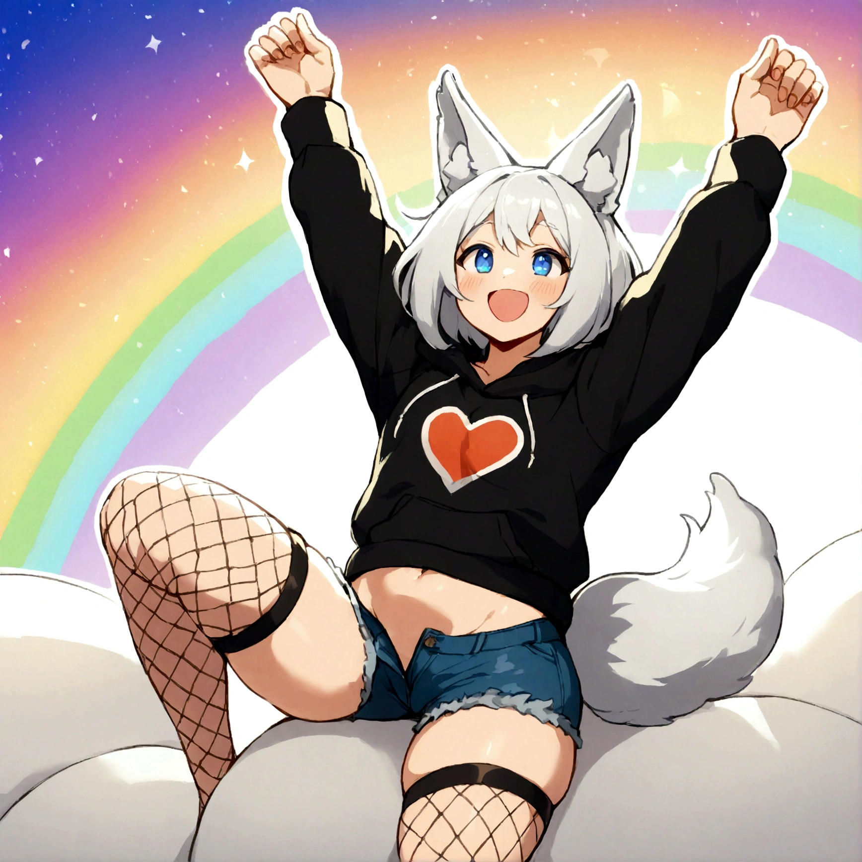a cute adult male with wolf ears, white hair, has a wolf tail, wearing a loose cropped oversized black hoodie, wearing a pair of denim short shorts and thigh high fishnet stockings, thick thighs, wide hips, relaxing on mound of fluffy multi colored kawaii plushies, short, very slim, showing slender tummy, stretching out, heart on hoodie, squishy thighs, has glowing blue eyes. alone, solo (ALONE)(SOLO), surrounded by rainbows, colorful galaxy backround, mouth wide open grin, very happy, excited, nice butt