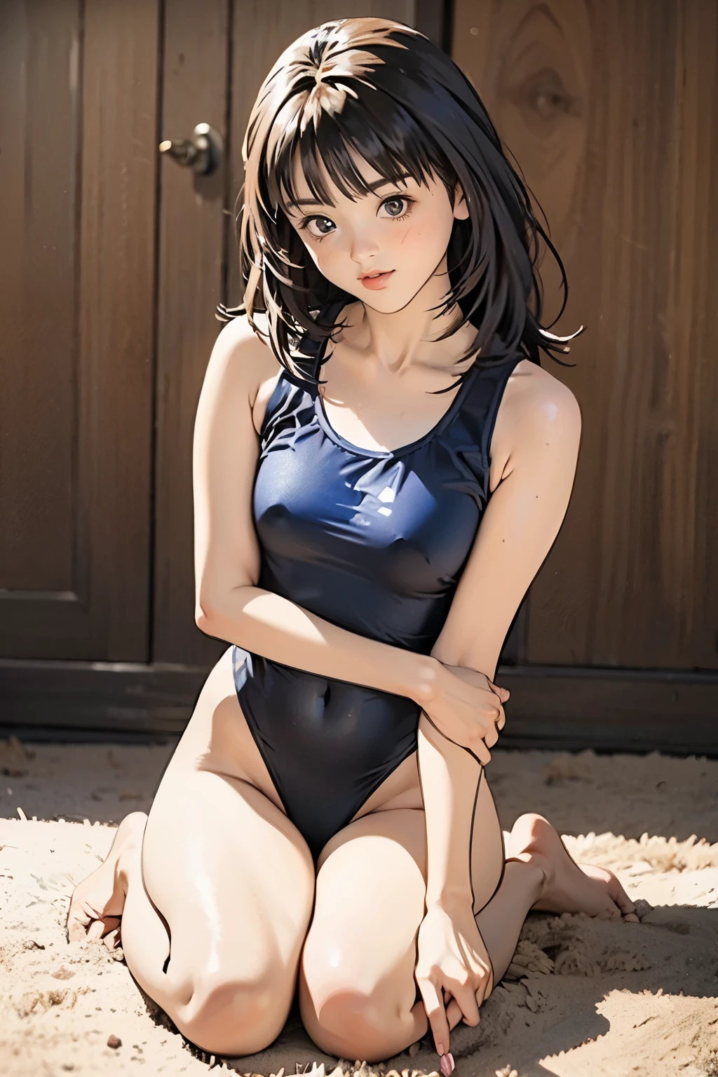 、((()))、Young and very cute１7-year-old girl、Sexy pose、Unusually beautiful and large eyes、Thick eyelashes、Thick eyebrows、A well-balanced and toned body、Tank top、Full Body Shot、Mid-chest、((Detailed depiction of the texture and wrinkles of a thin competitive swimsuit))、The chest area is wide open、No makeup、No makeup、Hair with bangs、Tight butt and waist,Kneel on the floor and raise your hands