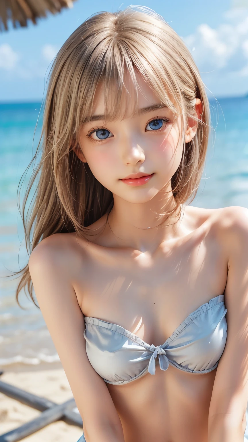 ((sfw: 1.4)), ((sfw, bandeau bikini, beach, bony body,  extra short hair, sidelocks-hair, smile, 1 girl)), ultra high resolution, (real: 1.4), RAW photo, highest quality, (photorealistic), focus ,Soft light,((15 years old)),((Shiny platinum blonde silk super long straight hair, beautiful shiny bangs, big clear sky blue eyes, very beautiful bright eye highlights)),(((Young face))),(Surface),(Depth of field),Masterpiece,(Photoreal),Woman, Bangs,( (1 girl)