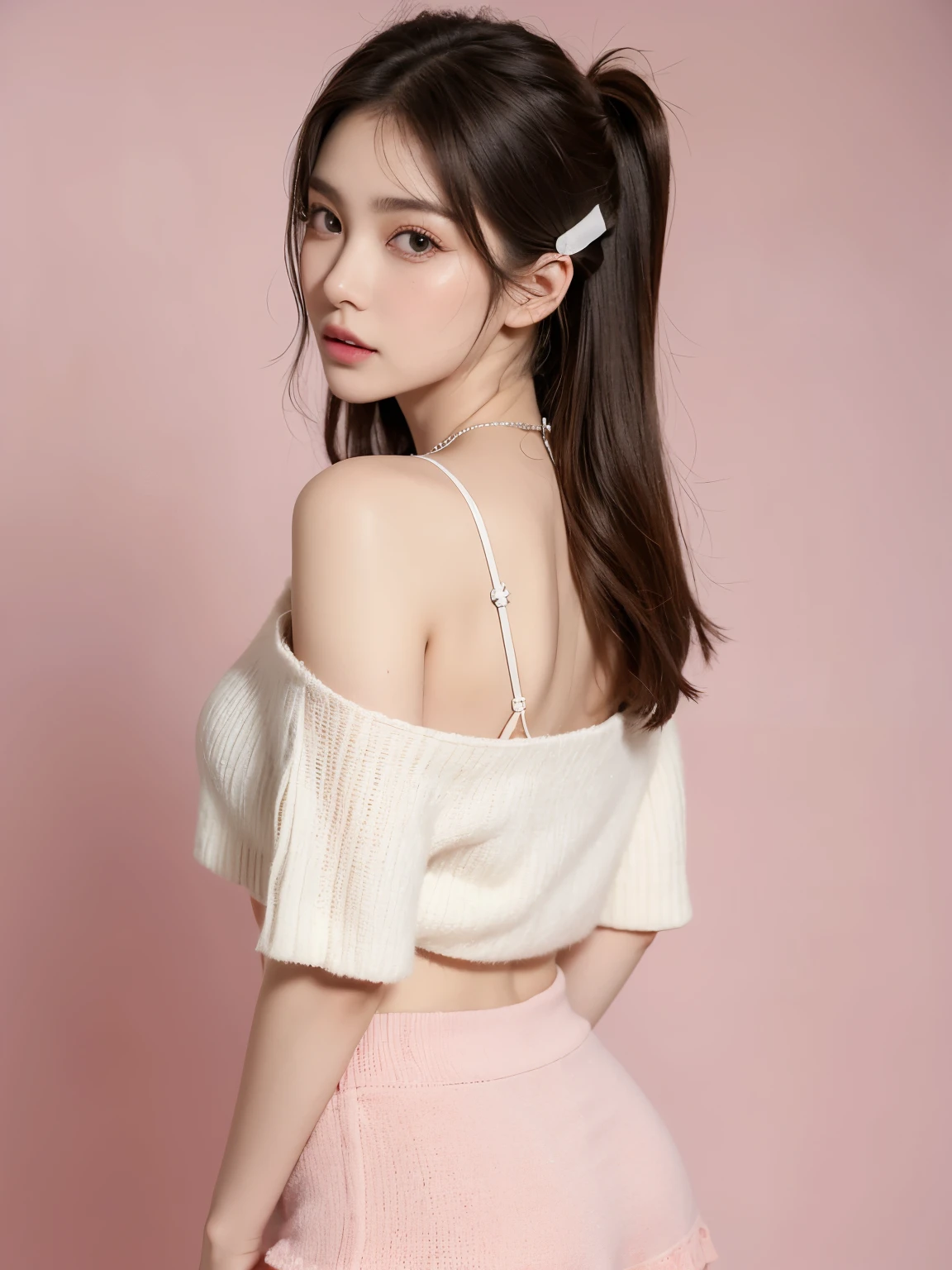 Kim Jennie with white brown hair, con rulos en las puntas, with two bows on each side of the hair, all her hair white brown, with a star clip in her white brown hair, ojos de color claro, ojos bonitos, ojos llorosos, nariz bonita y respingada, nariz lloroso, labios bonitos, labios rosas, heart and cupid shaped lip, piel bonita, pale, piel blanca, con lunares y pecas en todo el rostro, rubor rosa suave en las mejilla, rubor rosa natural, maquillaje suave y rosa, jennie, cuello bonito, cuello marcado, frown, mirada tierna, con un collar de beso, un collar bonito de beso, parecido a Yumeko Jabami, mientras lleva puesto un Crochet YK2, de lana, with a YK2 style brown mini skirt, mientras lleva una casaca con estampados de ositos, mientras tiene el abdomen desnudo, delgado, marcado y bonito, (pechos grandes, pechos suaves, pechos bonitos), mientras esta haciendo cospaly del personaje Yumeko Jabami, del anime Kakegurui, mirando a la camara