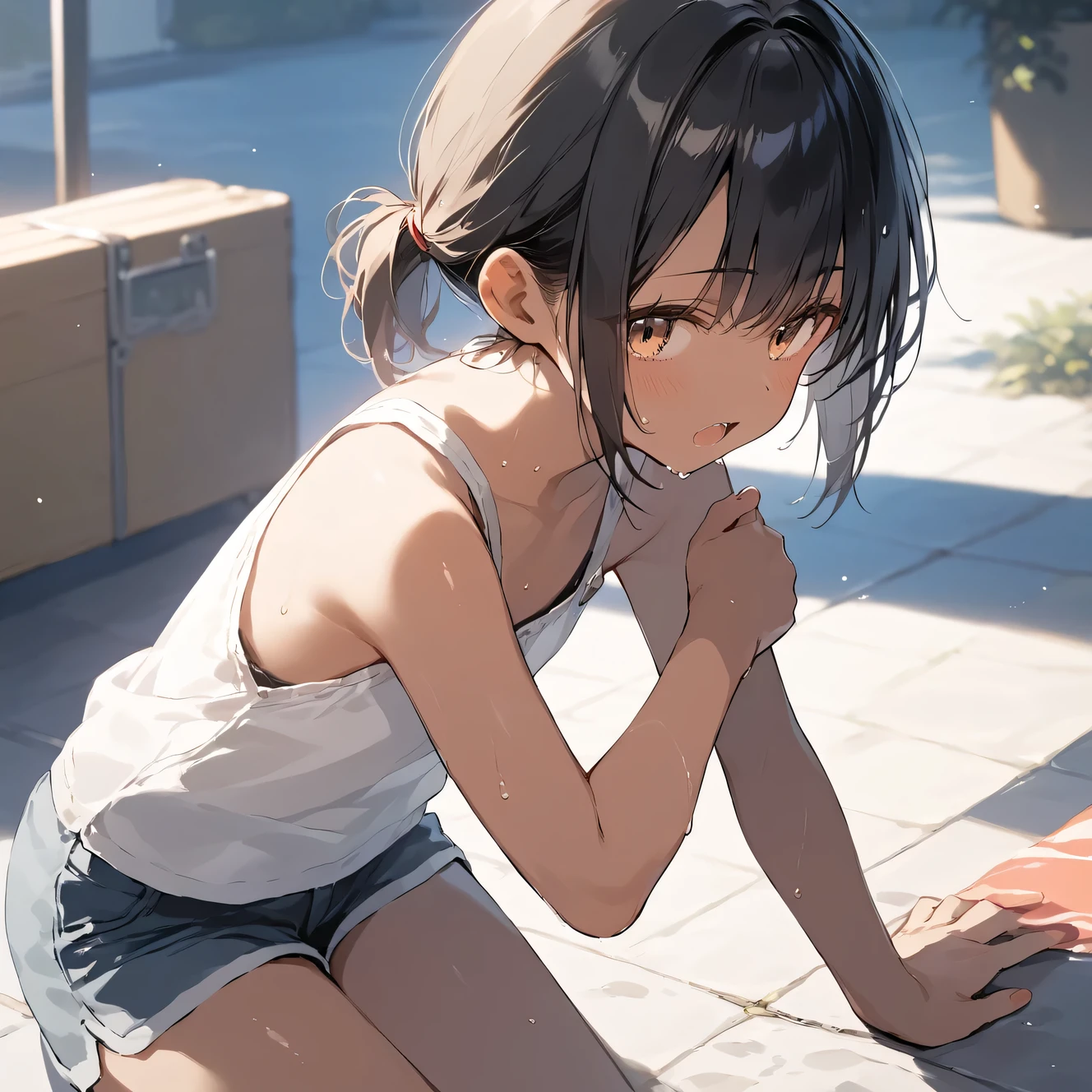 score_9, score_8_up, score_7_up, source_anime, best quality, masterpiece,official art, absurdres, highres, waifu2x,Collection: Slice of Life,break,1girl, tomboy, dark-skinned female, short hair, low ponytail, flat chest,  beautiful detailed eyes, short shorts, sweat, open mouth, (yawn:0.3),  sleepily, outdoors, break,(clear line illustration:1.2),very high resolution, very aesthetic, super detailed skin, Best sexual lighting powered by famous artist, 8k,cute picture,beauty illustration,photoshop_(medium),,(Detailed Lighting)
