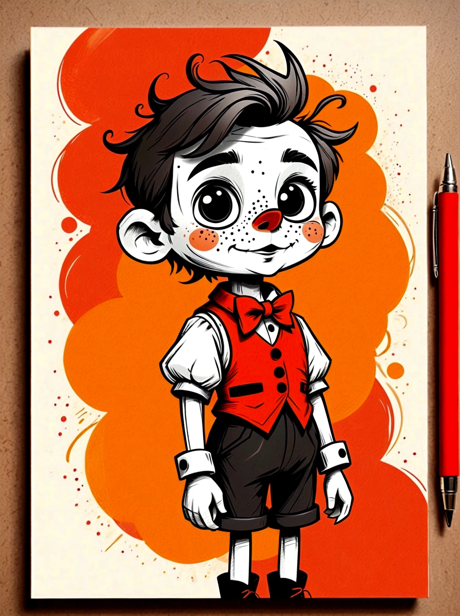 (masterpiece, best quality:1.2), Cartoon hand drawn, Mechanical feel,Lovely,Boys,mechanical doll, Pinocchio, The color palette is in red, orange and black tones and has a sketchy style, The background should have a simple hand-drawn doodle pattern
