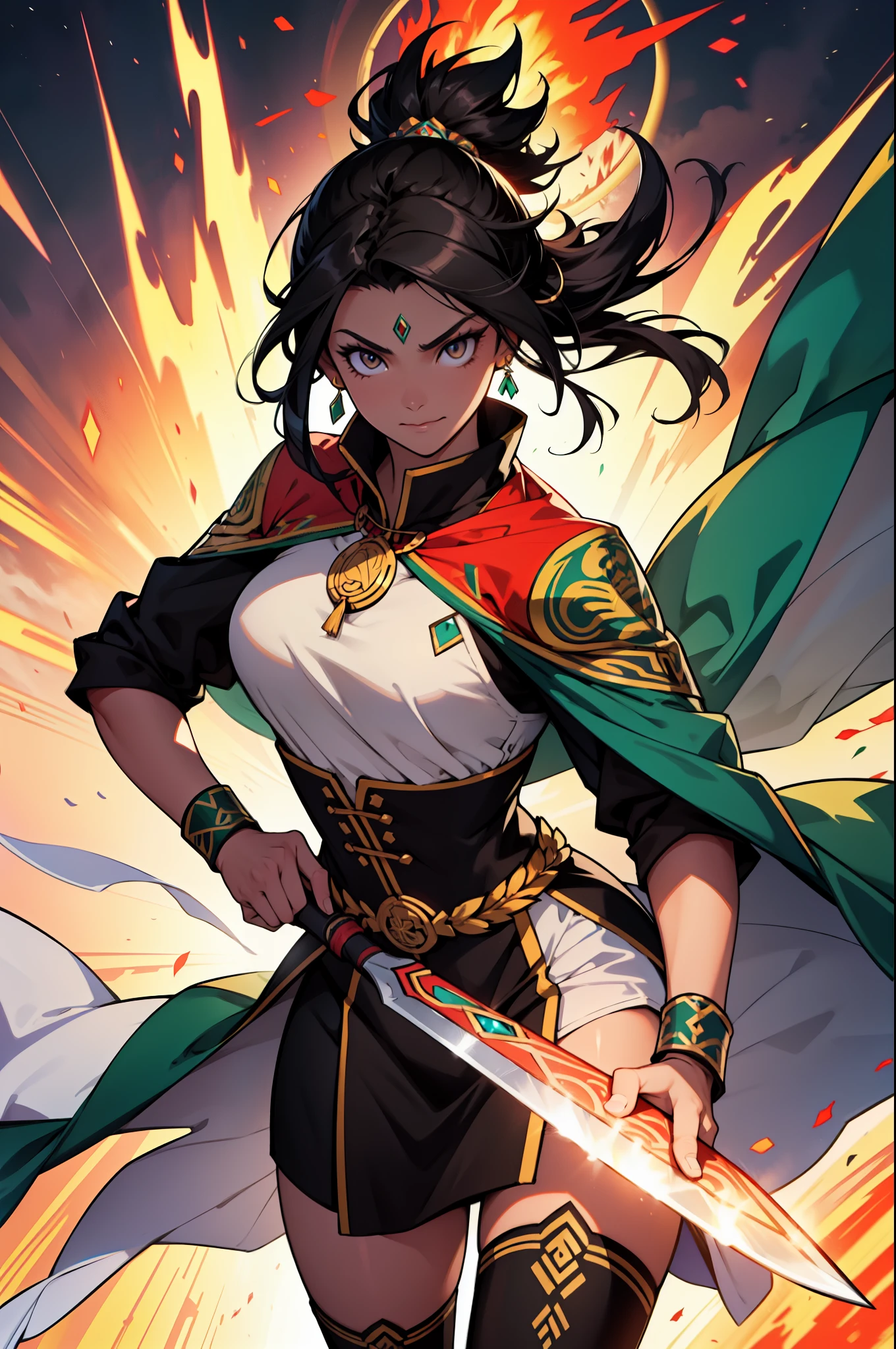 Illustrate Isabella Morales in an action pose, wielding the Mantle of Quetzalcoatl. She is in the midst of using the sacred mantle, with her traditional Mexican clothing and feathered cloak moving dynamically. Her bright amber eyes are focused and intense, and her long, wavy, jet-black hair moves with her. She wields a ceremonial obsidian knife with precision. Surround her with a dynamic bright, multicolored aura to showcase her connection with Quetzalcóatl and her powerful presence in battle.