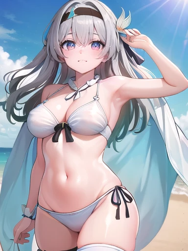 (masterpiece:1.3),((High resolution)),((high quality)),((Super detailed))、One girl、Perfect balance、Perfect Face、Detailed face、Cute Face、beautiful詳細な目、Expressive eyes、Cute eyes、Shiny eyes、Perfect body、beautiful体、(((White Bikini)))、(Large Breasts)、(Beautiful nipples)、(head shot)、Embarrassing、blush、Beach、beautiful女の子、Cute Face、beautiful顔、Cute Face、beautiful、Best Quality、Good anatomy、Decorations、fire Fly\(Collapse：Star Rail\)、Multicolored Eyes、white[Grey or Sliver]hair、Black hair band、Purple eyes、Hair ornaments、Thigh straps、smile、Closed Mouth、blush、Are standing、From below、(snfw:1.2)