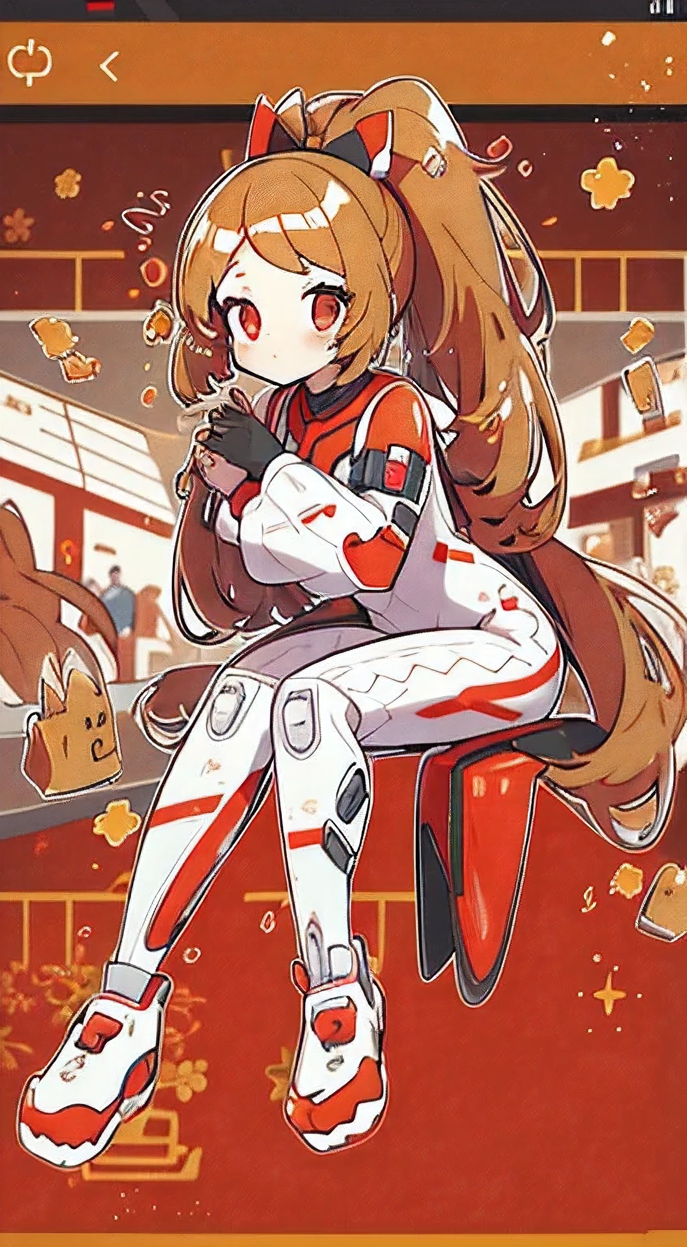 1GIRL, finely detailed, (best quality), (intricate details), cute style, ((long brown hair in ponytail)), ((plugsuit)), battle suit, ((red and white clothes)), ((mecha style clothes)), beautiful face, happy, cute face, pinup, perfect face, ready for battle, battle pose, fighting pose, in futuristic city, city, dynamic, sitting, knees up, curled up