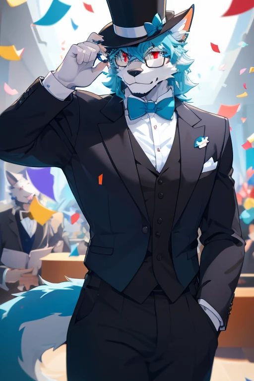 best quality, masterpiece, male, handsome, short, antropomorfic Cyan white Coyote, black comfetti white and blue top hat, a blue bow tie, orange party glasses and confetti jet-pack, formal dark blue party outfit. red eyes, a big white and sharp bone tail, blue ears, white chest. He has confetti stuck in his fur, looking at the camera hotding his top hatwhile a lot of butterflies and confetti fly around him.