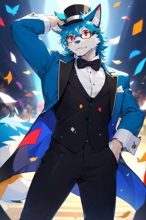 best quality, masterpiece, male, handsome, short, antropomorfic Cyan white Coyote, black comfetti white and blue top hat, a blue bow tie, orange party glasses and confetti jet-pack, formal dark blue party outfit. red eyes, a big white and sharp bone tail, blue ears, white chest. He has confetti stuck in his fur, looking at the camera hotding his top hatwhile a lot of butterflies and confetti fly around him.