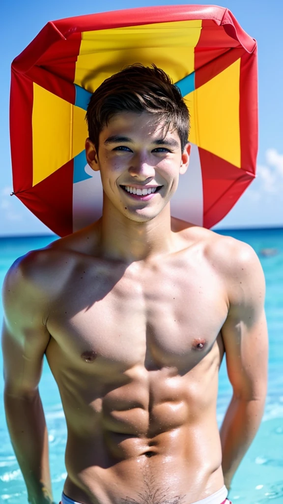 male Age 20 swimwear lifeguard topless smile