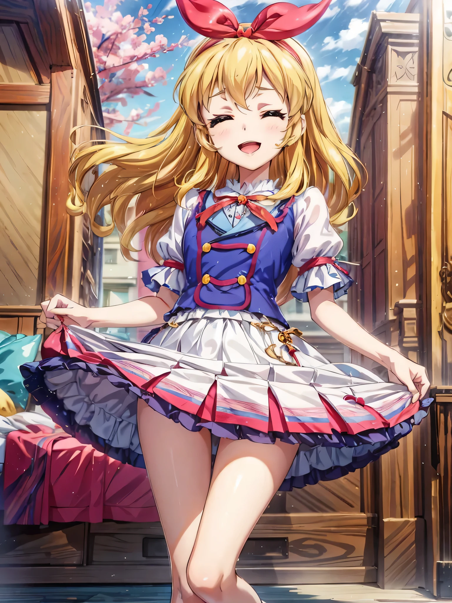 a cartoon image of a feminine figure with her legs spread is standing on a white bed, 1girl, solo, dress, blonde hair, > ,Ichigo Hoshimiya (Aikatsu!)