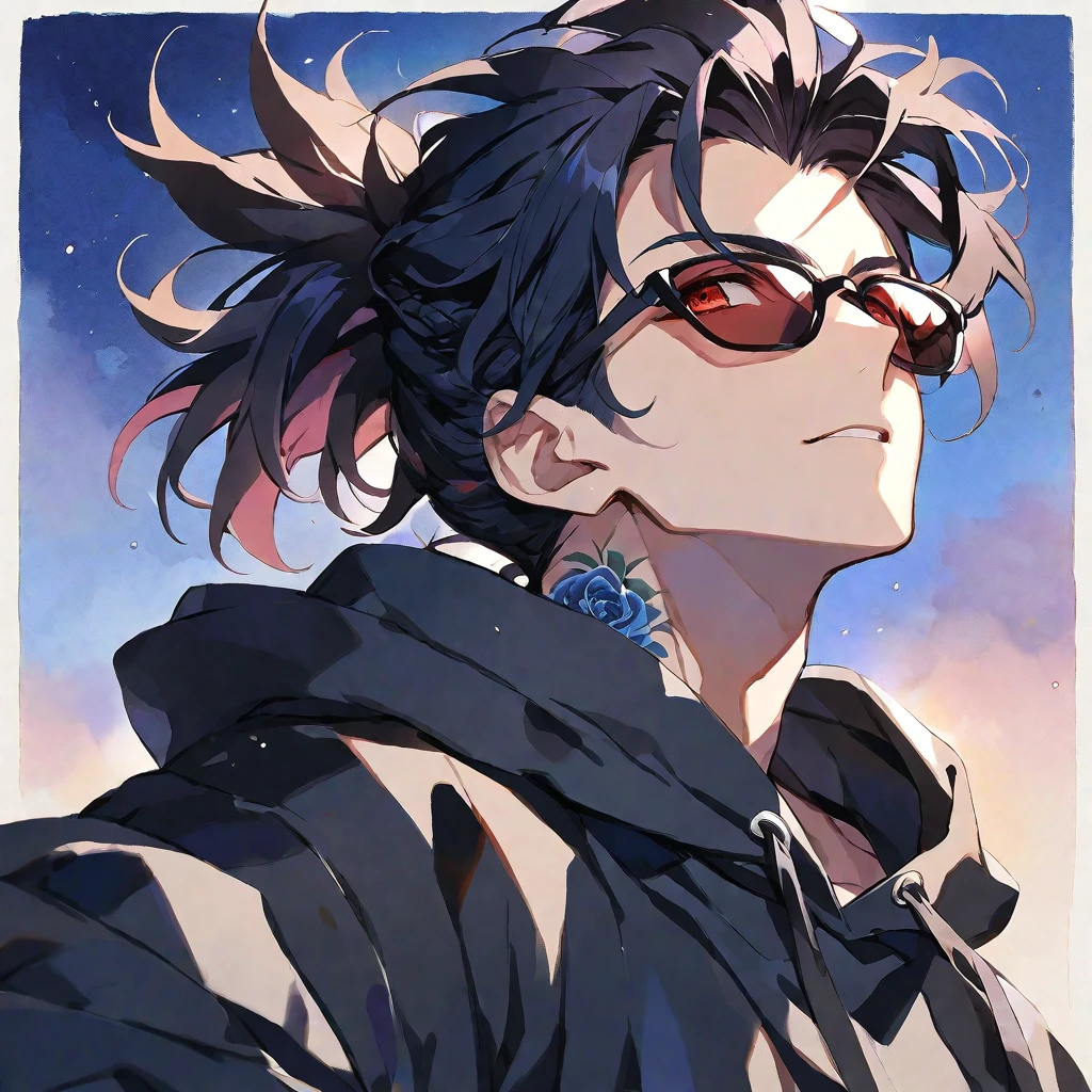 solo, handsome, watercolor,1 male, Ponytail, Braided black hair, red eyes, Gojo Satoru,casual,Blue Rose Tattoo,black Oversized hoodie,casual,Stylish,cool,sunglasses,
night sky background,icon