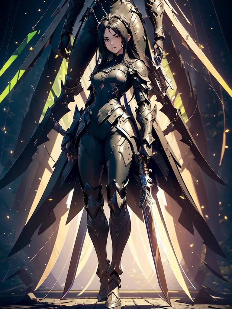 (((masterpiece, best quality, high detailed, 8k))) Design a layout showcase Gaming character, (1girl). Green|Brown clothes, stylish and unique. ((showcase weapon:1.4)), dual daggers. (masterpiece:1.2), (best quality), 4k, ultra-detailed. (Step by step design, layout art:1.5), (luminous lighting, atmospheric lighting). assassin, ((glove full hands)), (((revealing clothes:1.3))), vambraces, armored legwear, (((full_body_shot:1.4))). {In a dense jungle}.