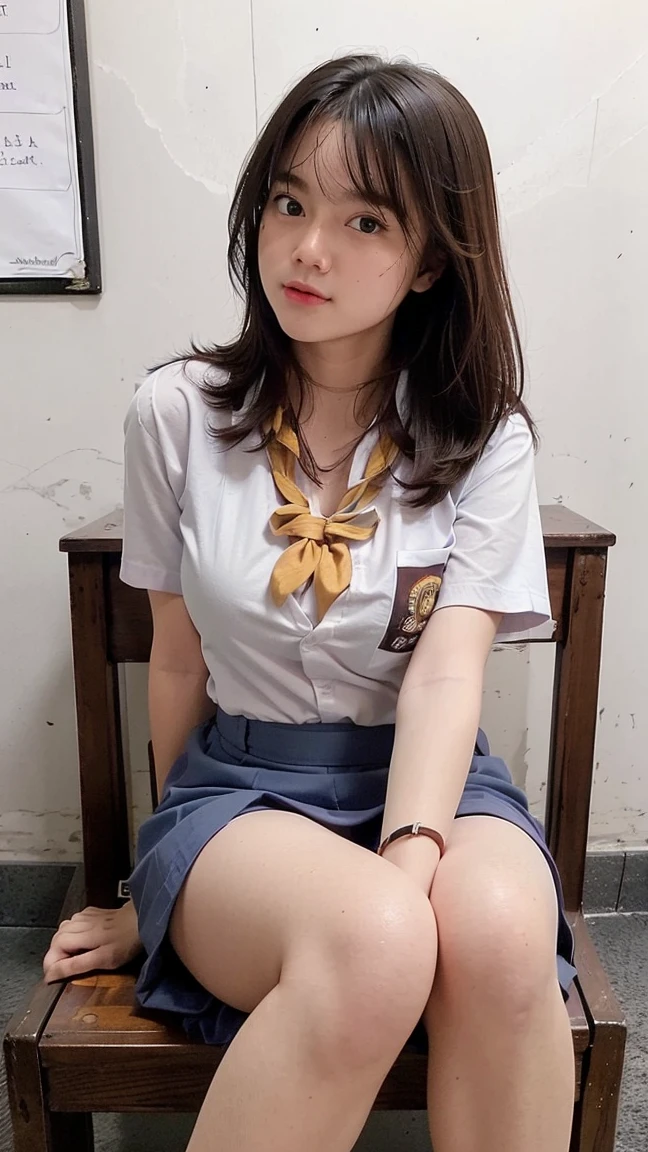 Masterpiece , Beautiful 18 Years Old ,  medium round Breast , ((exposed Cleavage)), unbuttoned clothes upper, ((Wearing High School Uniform)) , High School Skirt , White Sneakers , In Classroom ,  , ((Centre:1.1)), ((Symetric Picture:1.1)) , ((brown Hair:1.1)) , Extremely Detailed , Messy Hair, atractive poses:1.3, sitting with open-legged, knees up