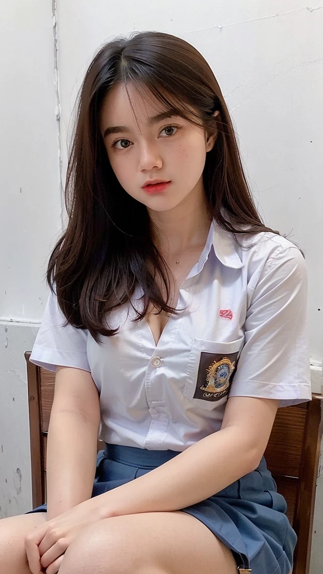 Masterpiece , Beautiful 18 Years Old ,  medium round Breast , ((exposed Cleavage)), unbuttoned clothes upper, ((Wearing High School Uniform)) , High School Skirt , White Sneakers , In Classroom ,  , ((Centre:1.1)), ((Symetric Picture:1.1)) , ((brown Hair:1.1)) , Extremely Detailed , Messy Hair, atractive poses:1.3, sitting with open-legged, knees up