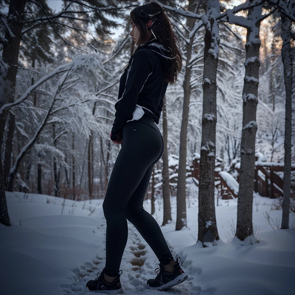 finnish girl, standing in the snow, black leggings, brunette hair, perspective from behind, portrait, high quality, wintertime aesthetic, girl is looking away, airpods in ears, leggings butt crack showing, perspective from the back, airpods, looking away, looking to the right, airpods