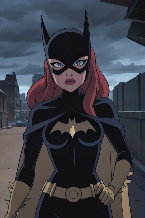 masterpiece, best quality, 1girl, solo, highres, scenery,
CARTOON_batgirl_ownwaifu,www.ownwaifu.com,mask,long hair,blue eyes,bodysuit,breasts,cloak,cape,domino mask,belt,medium breasts,superhero,gloves,lips,black bodysuit,helmet,belt buckle,horns,bat_print,pouch,forest