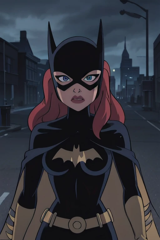masterpiece, best quality, 1girl, solo, highres, scenery,
CARTOON_batgirl_ownwaifu,www.ownwaifu.com,mask,long hair,blue eyes,bodysuit,breasts,cloak,cape,domino mask,belt,medium breasts,superhero,gloves,lips,black bodysuit,helmet,belt buckle,horns,bat_print,pouch,forest