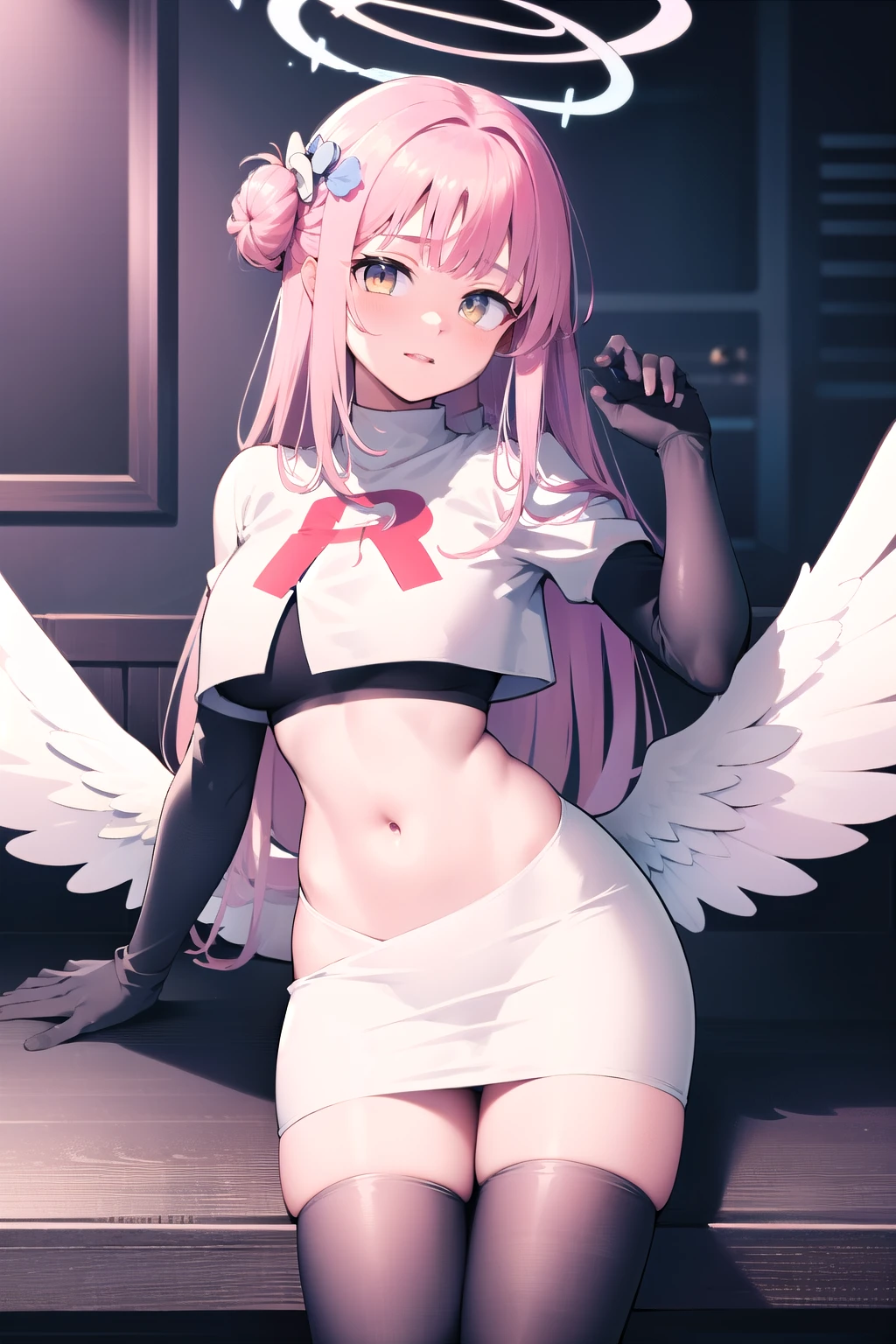 1girl, mika (blue archive), solo, pink hair, wings, halo, long hair,single side bun, hair bun, yellow eyes, hair ornament,  low wings, white wings, scrunchie, looking at viewer, hair flower, feathered wings, very long hair, angel wings, bangs,  team rocket,team rocket uniform,white skirt,red letter R,crop top,black thigh-highs,black elbow gloves