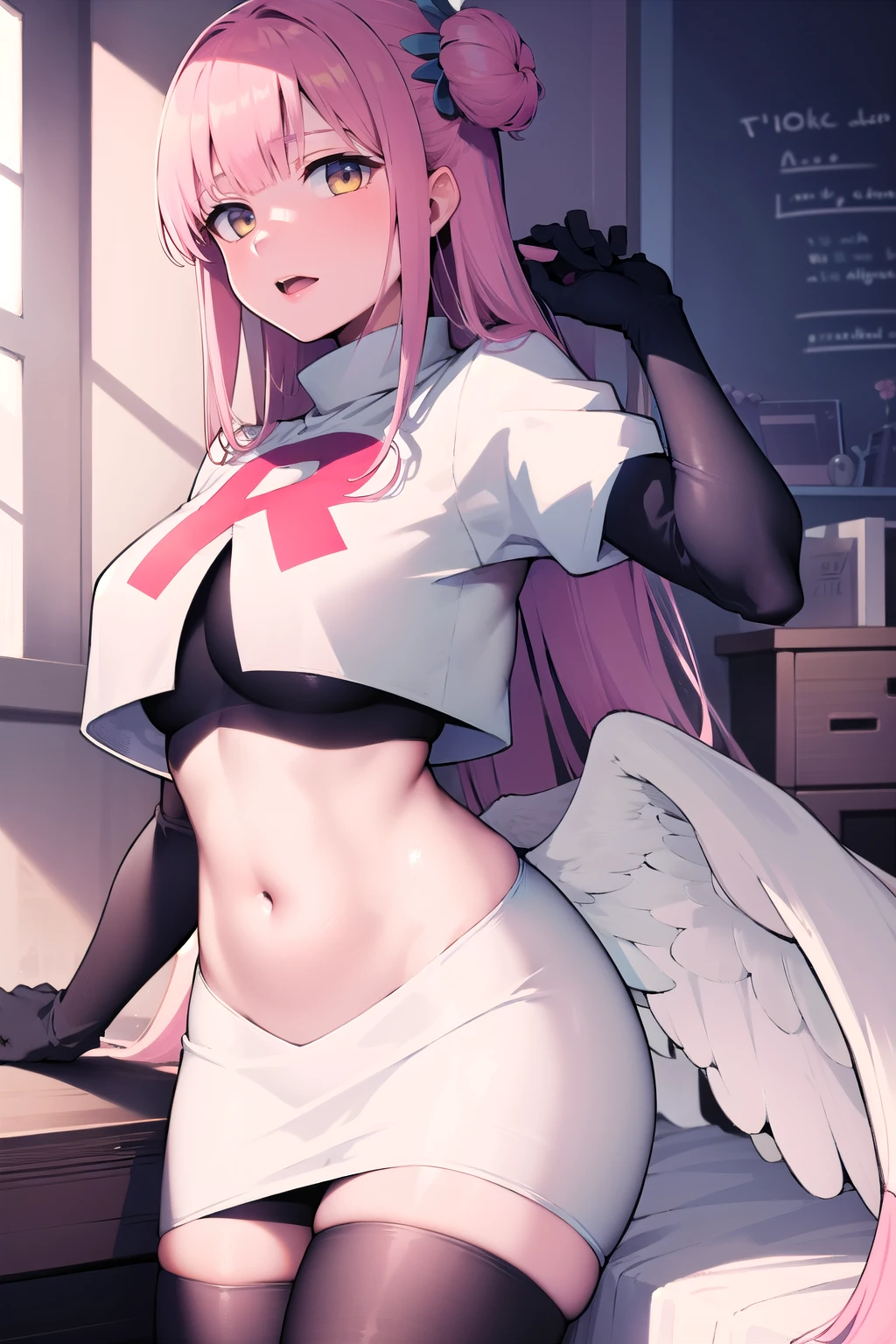 sex , 1 boy , penis,1girl, solo, gold eyes, (tsurime), colored inner hair, light pink inner hair, long straight hair, hime cut, plain white dress, tight clothes, cleavage cutout, center opening, elbow gloves, bare shoulders, covered navel, angel halo, (small low wings), medium breasts, slender, best quality, (half-closed eyes, smirk, full-face bulsh), (opened mouth:0.5), full body, long legs, from front, arms at side, standing, (completely nude, nipple piercing, naval piercing, rope, shibari, bound wrists, leash, pussy juice, pussy juice trails:1.4), (white background:1.5)