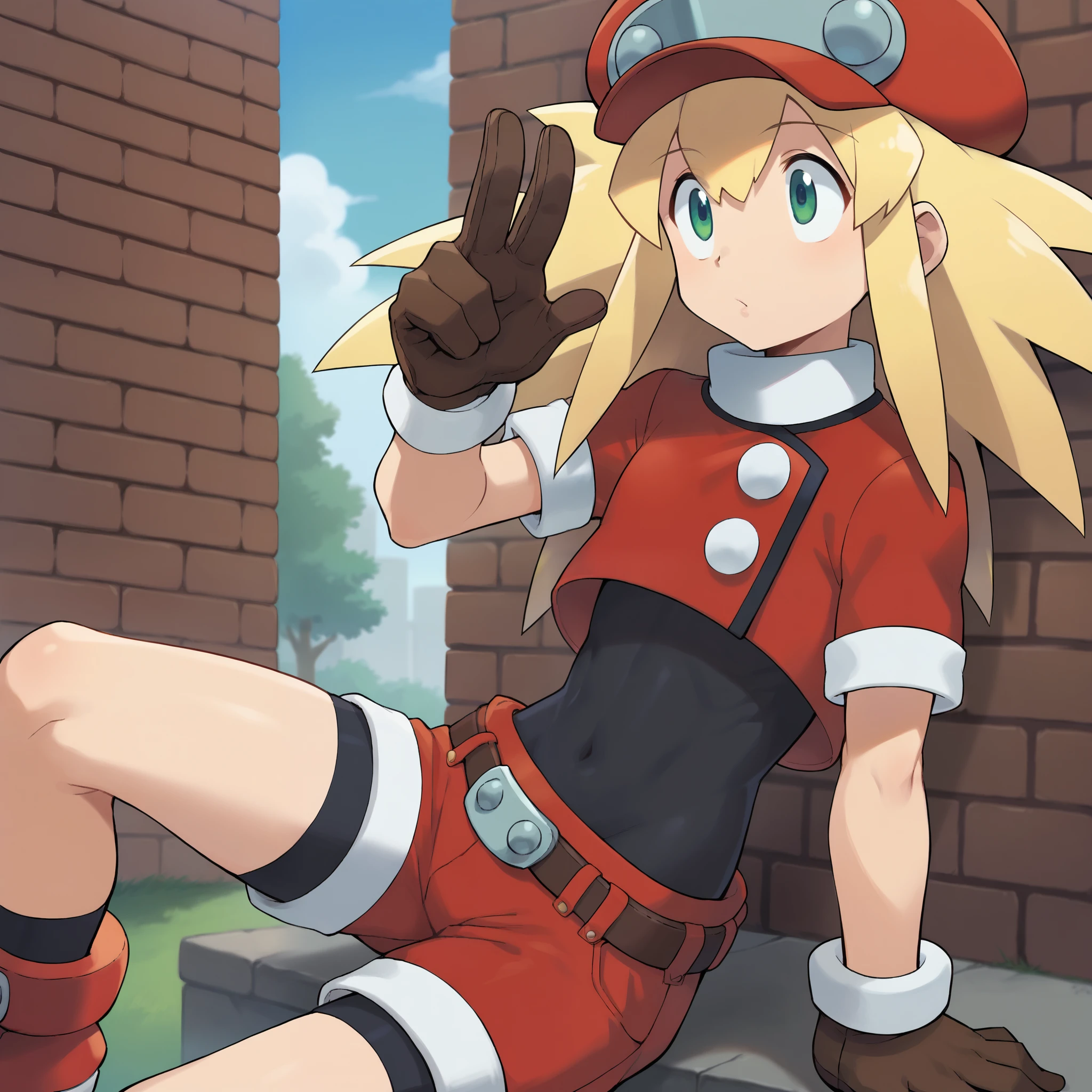 score_9, score_8_up, score_7_up, source_anime, 
ishikawa hideki style, roll caskett (mega man), hair between eyes, bangs, long hair, spiked hair, blonde hair, green eyes, red cabbie hat, brown gloves, red jacket, short sleeves, spandex, brown belt, cropped jacket, bike shorts under red shorts, red boots, covered navel,