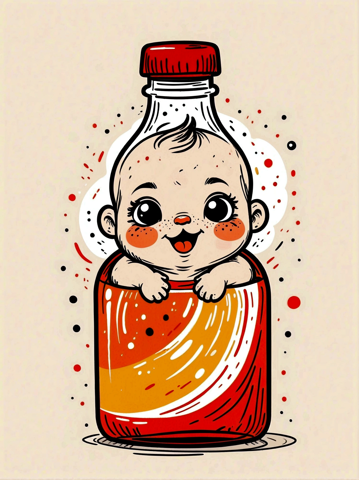 Cartoon hand drawn, , solo, cry，Bottle in hand，The color palette is in red, orange and black tones and has a sketchy style, The background should have a simple hand-drawn doodle pattern