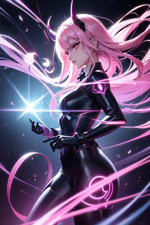 a demon wizard, secret agent in suit, with two daggers with glowing magic carvings, power suit, light pink skin, manga art, horns with glowing dark pink magic runes, human face, glowing eyes, RPG costume, neon punk, art book, Studio ghibli, deep setting, in the middle of a retro cyber punk magical metropolis, magical light reflected in hair and ear, aura light, dynamic pose, side view, old anime style