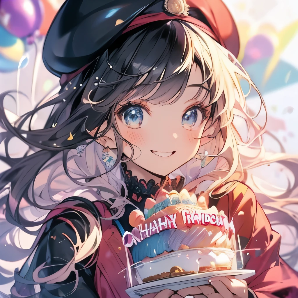 highest quality、masterpiece、Anime Girls、((Holding a birthday cake))、smile、Upper Body、beret、Lots of balloons、Gwaiz、BIRTHDAY lettering、(((May 26th lettering)))