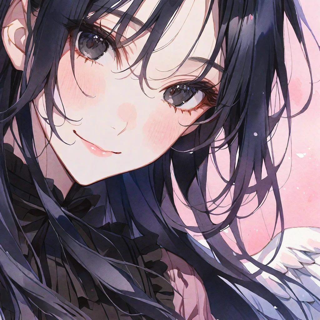 solo, handsome, Watercolor,1. Female,Straight Long Hair, black hair, black eyes,Soft look,ta,
Casual Dresses,
Angel,Angel Wings,skin,smile,Pink background,Face close-up