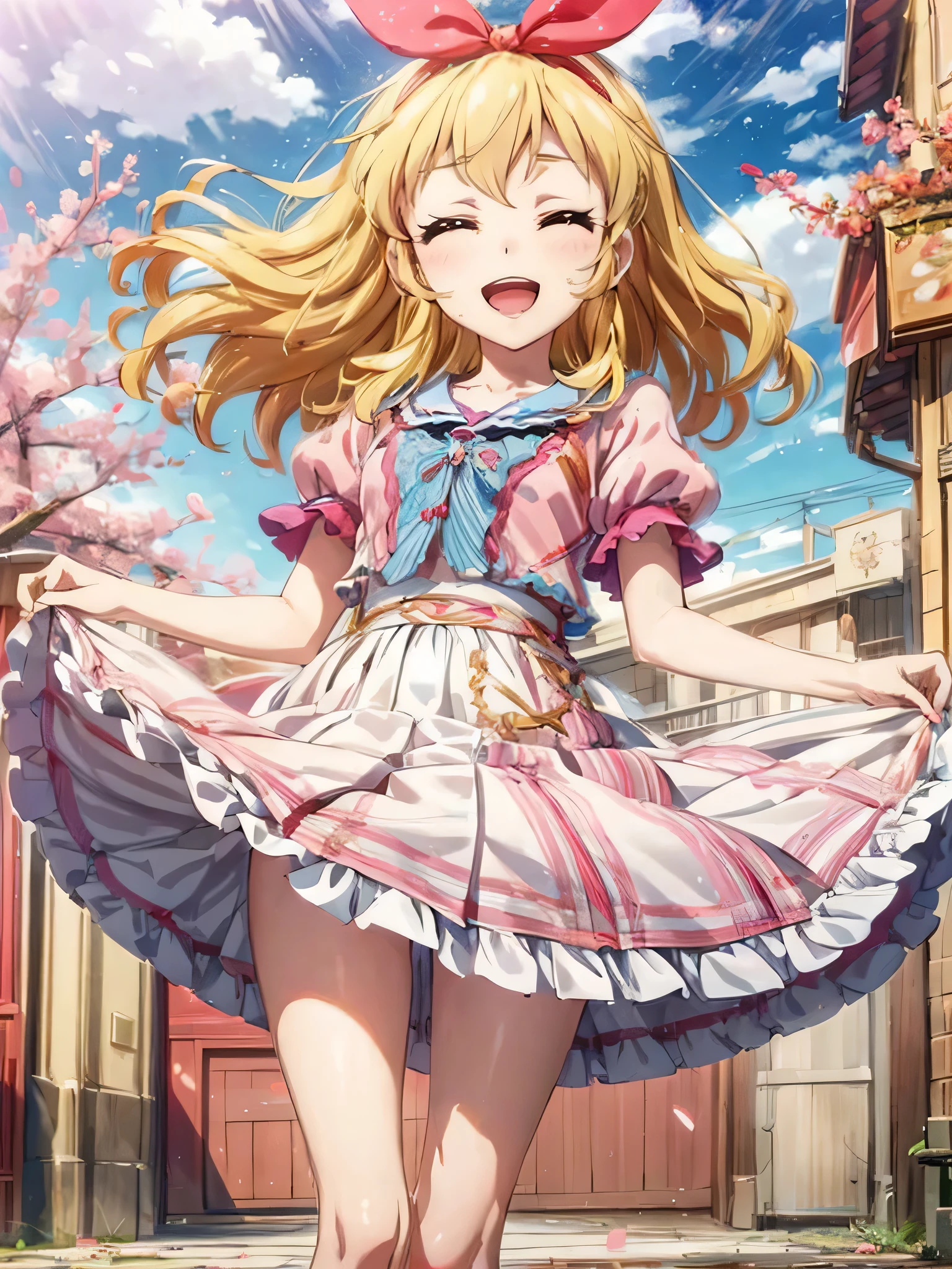 a cartoon image of a feminine figure with her legs spread is standing on a white bed, 1girl, solo, dress, blonde hair, > ,Ichigo Hoshimiya (Aikatsu!)