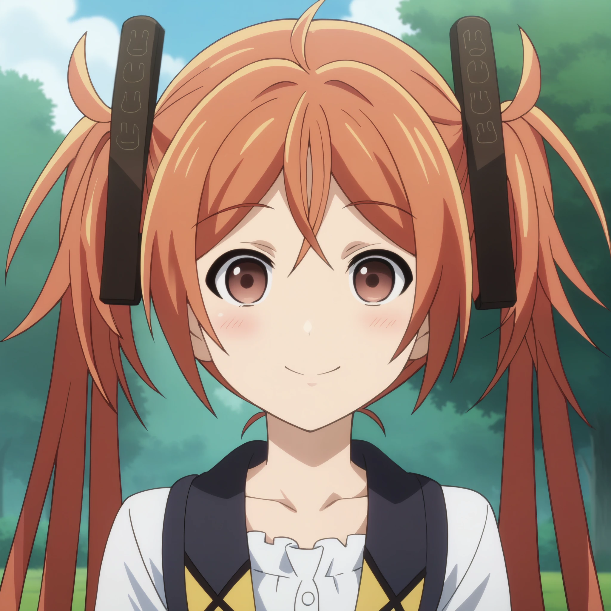 score_9, score_8_up, score_7_up, source anime, prefect lighting, very aesthetic, BREAK, anime screencap, anime coloring,
1girl, aihara enju, black bullet, orange hair, long hair, straight hair, enjoout, twintails, hair ornament, 
BREAK, looking at viewer, light smile, blush, portrait, 
BREAK,