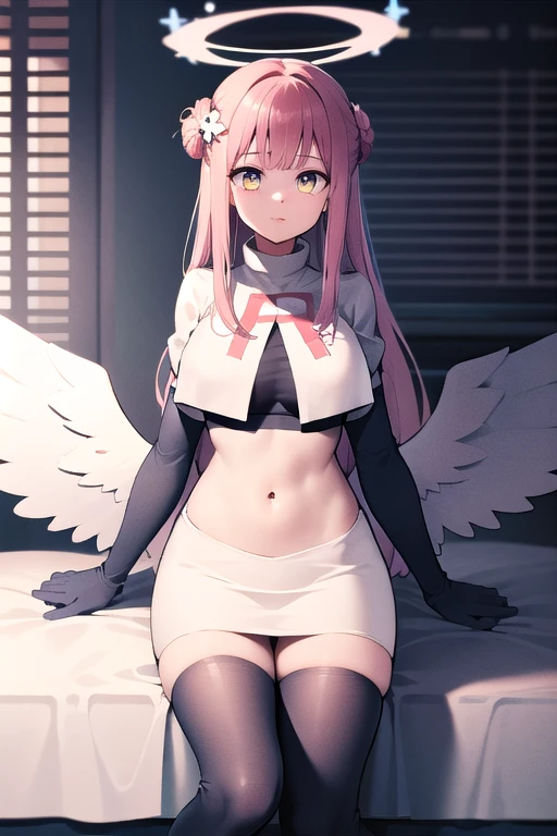 1girl, mika (blue archive), solo, pink hair, wings, halo, long hair,single side bun, hair bun, yellow eyes, hair ornament,  low wings, white wings, scrunchie, looking at viewer, hair flower, feathered wings, very long hair, angel wings, bangs,  team rocket,team rocket uniform,white skirt,red letter R,crop top,black thigh-highs,black elbow gloves