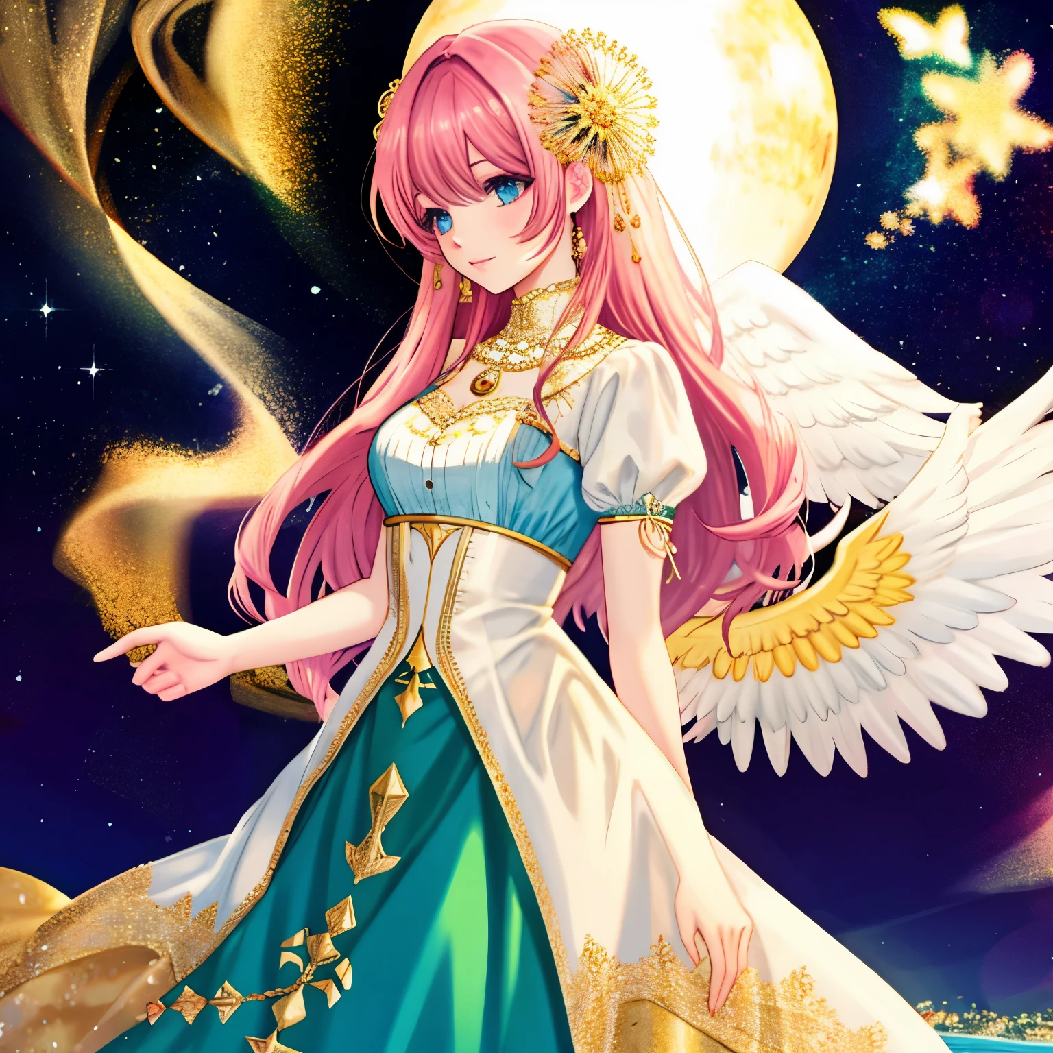 *Theme*: "A world of golden prosperity celebrating peace, tranquility, and the improvement of living standards" BREAK
**Number of characters**: (One) BREAK
**Facial details**: "A woman with **obscured facial features** due to pixelation" BREAK
**Movement details**: "Arms spread wide in a welcoming gesture" BREAK
**Emotion**: "**Unable to determine** due to obscured facial features" BREAK
**Perspective**: Frontal view BREAK
**Composition**: "The woman is centered, surrounded by glowing light" BREAK
**Background details**: "Implied serene environment bathed in warm light" BREAK
**Costume details**: "Blue and white dress with gold accents" BREAK
**Body type**: Graceful and balanced BREAK
**Wings, horns, tail**: "Golden angel wings" BREAK
**Hair style and color**: "**Obscured due to pixelation**" BREAK
**Light and shadow**: "Soft light illuminating the woman, creating gentle shadows" BREAK
**Possessions**: "An olive branch, symbol of peace" BREAK
**Colors**: "Mainly gold, with blue and green, accented with light blue and yellow" BREAK
**Illustration atmosphere**: "Watercolor painting with an anime touch" BREAK
**Worldview**: "A fusion of anime and manga" BREAK
**Style**: "Anime goddess, enchanting anime girl, beautiful and attractive anime woman, fine details" BREAK
**Power words**: "Artistic, genius, perfect, ultimate, strongest" BREAK
**Image quality**: "Highest quality, realistic, hyper-real, ultra-detailed illustration" BREAK
**Quality**: "Ultra-quality detailed art" BREAK
**Resolution**: "High resolution (HD, 4K, 8K, 16K), color bit depth of 24 bits" BREAK
**Color scheme**: "Gold, blue, green, light blue, yellow, silver, deep red, pink, wine red, dark brown, light purple"