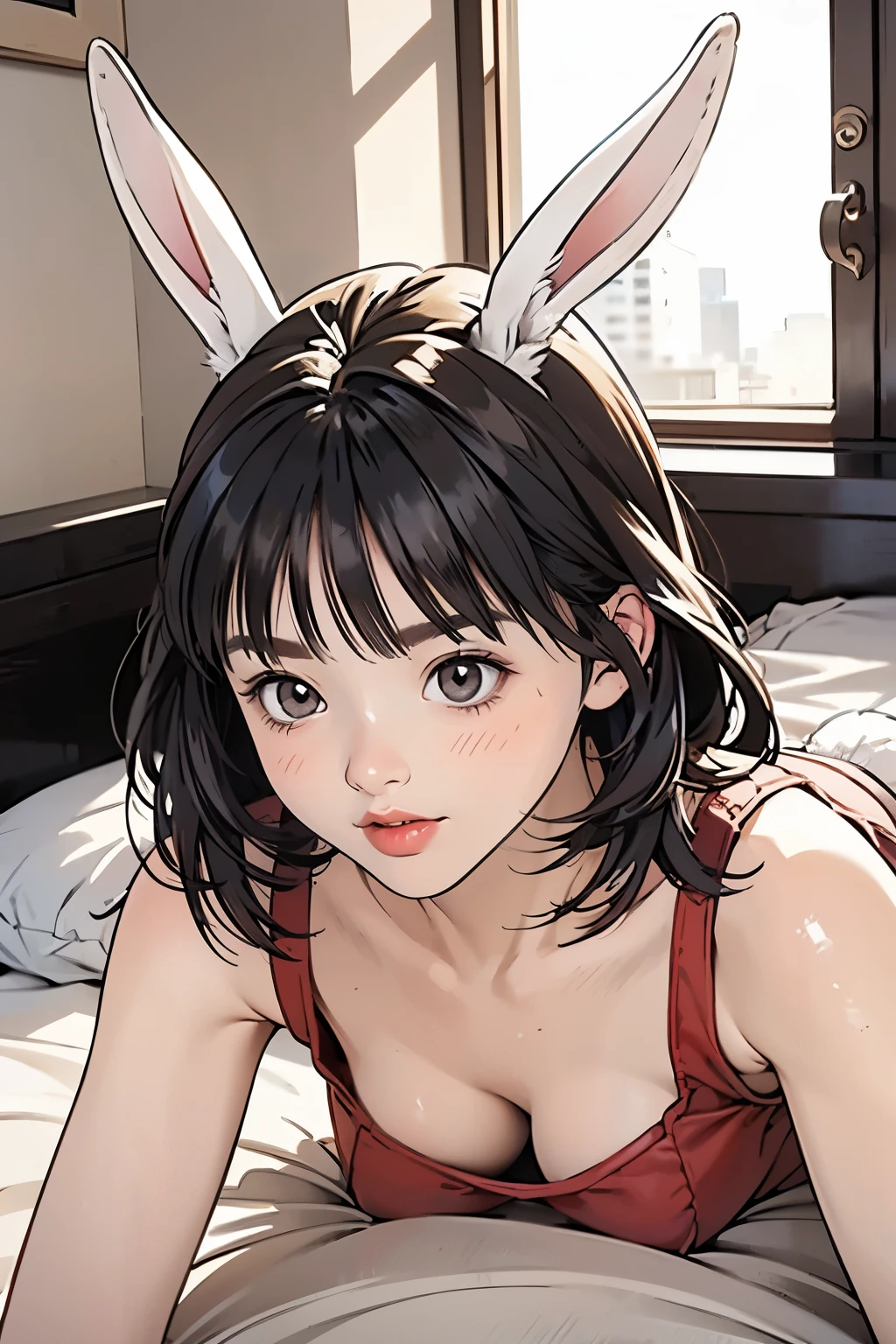 At the hotel casino、(((It has long, realistic ears just like a real rabbit.、Bunny girl)))、Young and very cute１５Year old girl、、Unusually beautiful and large eyes、Thick eyelashes、Thick eyebrows、A well-balanced and toned body、Full Body Shot、Big Breasts、((Detailed depiction of the texture and wrinkles of the thin fabric of the leotard))、The chest area is wide open、No makeup、No makeup、Hair with bangs、Tight butt and waist,Lie on your back on the floor.