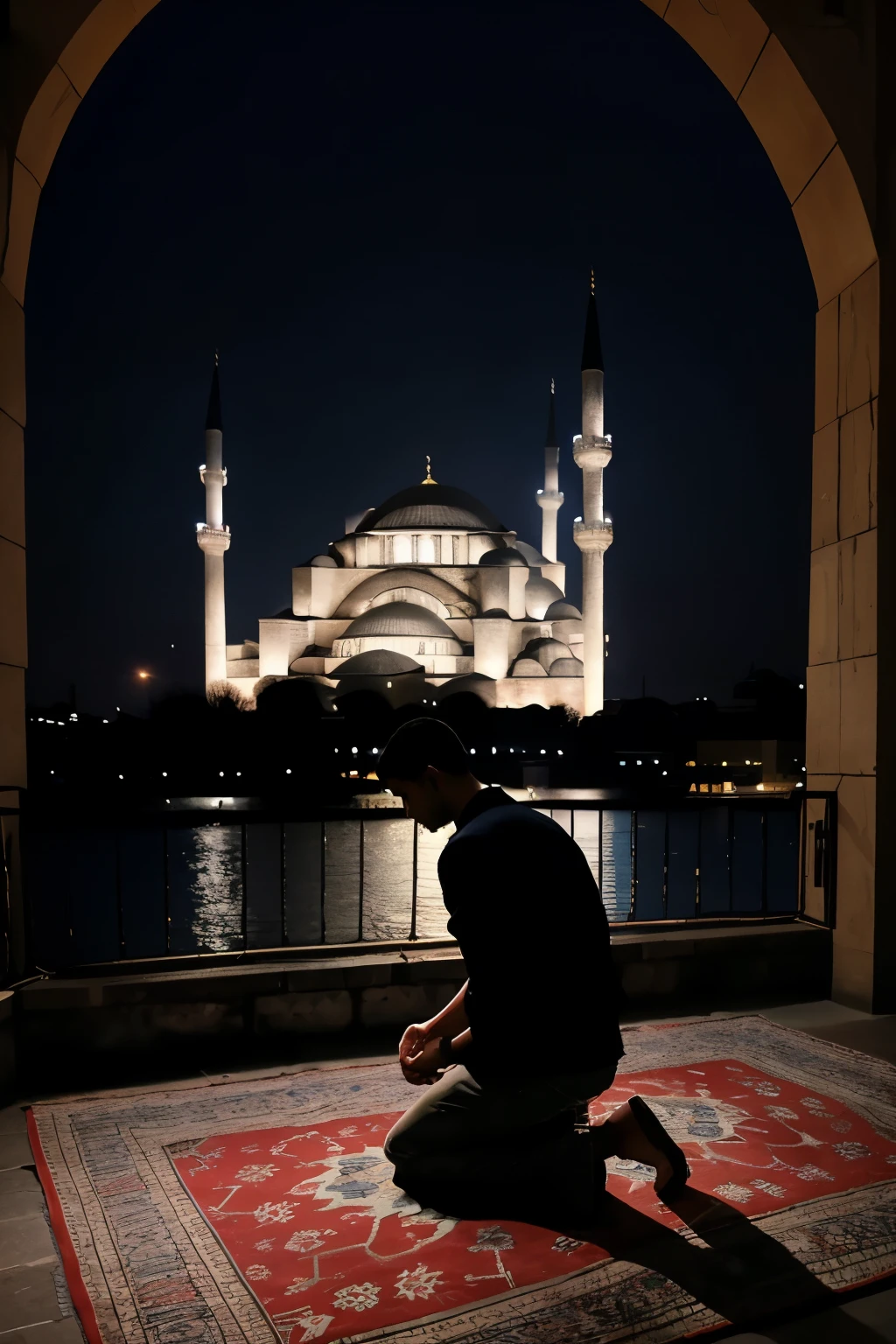In a dark night scene with dark blue lighting, a young man is shown prostrating and kneeling on a prayer rug at the Fatih Mosque in Istanbul.. In the background, features of the city are visible and a bridge looms in the distance