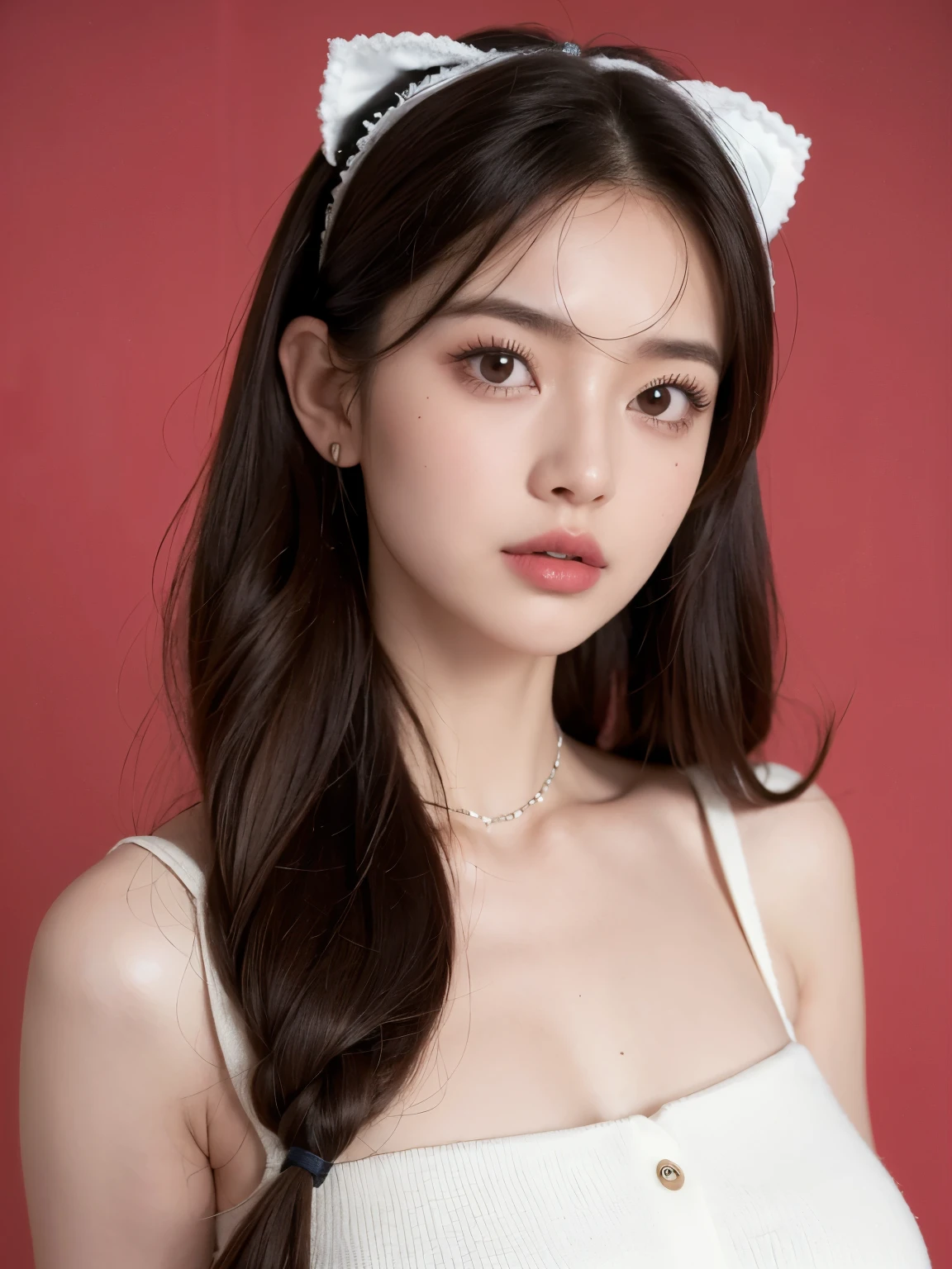 Kim Jennie with white brown hair, con rulos en las puntas, with two bows on each side of the hair, all her hair white brown, with a star clip in her white brown hair, ojos de color claro, ojos bonitos, ojos llorosos, nariz bonita y respingada, nariz lloroso, labios bonitos, labios rosas, heart and cupid shaped lip, piel bonita, pale, piel blanca, con lunares y pecas en todo el rostro, rubor rosa suave en las mejilla, rubor rosa natural, maquillaje suave y rosa, jennie, cuello bonito, cuello marcado, frown, mirada tierna, con un collar de beso, un collar bonito de beso, parecido a Yumeko Jabami, mientras lleva puesto un Crochet YK2, de lana, with a YK2 style brown mini skirt, mientras lleva una casaca con estampados de ositos, mientras tiene el abdomen desnudo, delgado, marcado y bonito, (pechos grandes, pechos suaves, pechos bonitos), mientras esta haciendo cospaly del personaje Yumeko Jabami, del anime Kakegurui, mirando a la camara