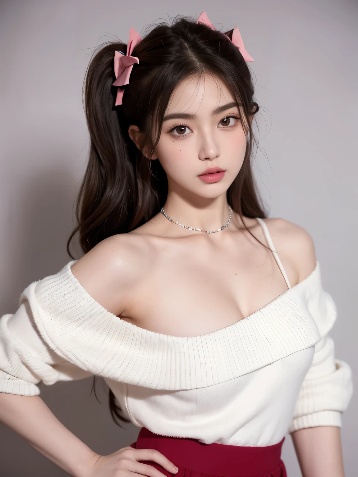 Kim Jennie with white brown hair, con rulos en las puntas, with two bows on each side of the hair, all her hair white brown, with a star clip in her white brown hair, ojos de color claro, ojos bonitos, ojos llorosos, nariz bonita y respingada, nariz lloroso, labios bonitos, labios rosas, heart and cupid shaped lip, piel bonita, pale, piel blanca, con lunares y pecas en todo el rostro, rubor rosa suave en las mejilla, rubor rosa natural, maquillaje suave y rosa, jennie, cuello bonito, cuello marcado, frown, mirada tierna, con un collar de beso, un collar bonito de beso, parecido a Yumeko Jabami, mientras lleva puesto un Crochet YK2, de lana, with a YK2 style brown mini skirt, mientras lleva una casaca con estampados de ositos, mientras tiene el abdomen desnudo, delgado, marcado y bonito, (pechos grandes, pechos suaves, pechos bonitos), mientras esta haciendo cospaly del personaje Yumeko Jabami, del anime Kakegurui, mirando a la camara, autofoto, selfie bonita