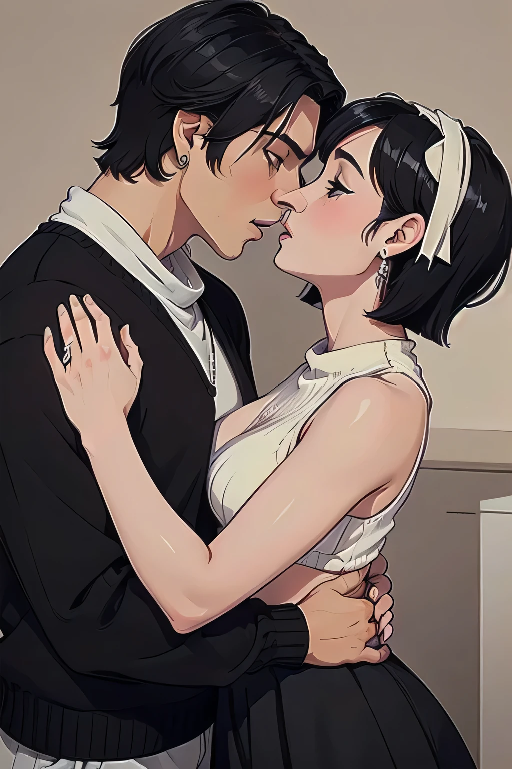  Amazing portrait of a ???? woman wearing her short black hair in a bob with a white hairband and some elegant earrings and a black sleeveless sweater paired with a cream skirt kissing and making out passionately with a shirtless boy in an intimate setting