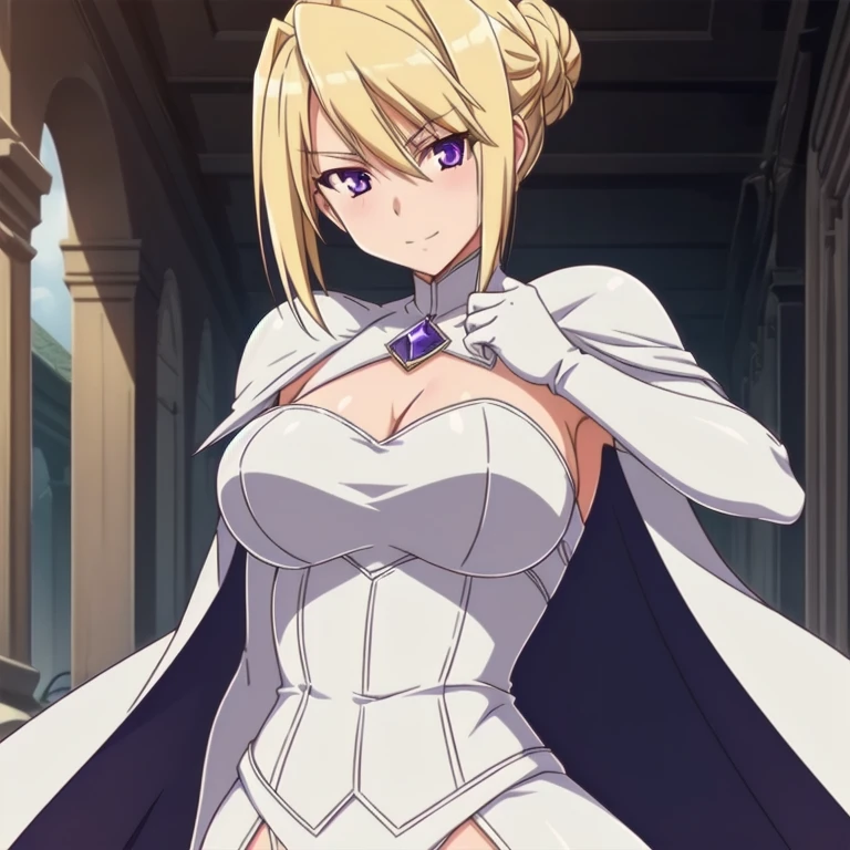 1girl,,big breasts,standing in ruined city,(8k),scratches,detailed face,blond hair,purple eyes,short hair,embarassed,small smile face,bun,hair, high_res, high_definition,the battlefield,battle pose,white corset,white cape,white gloves, (Emma Frost Custome:1.1),