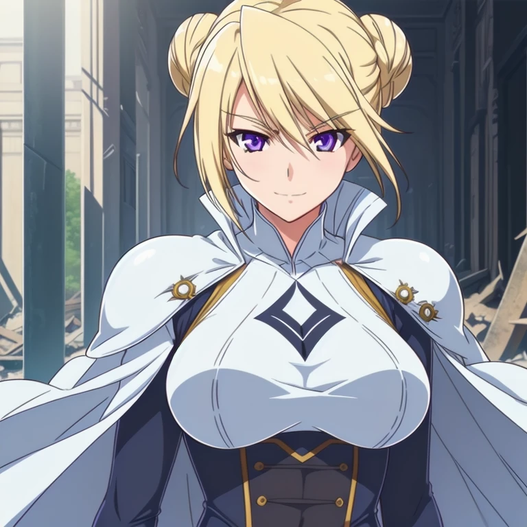 1girl,,big breasts,standing in ruined city,(8k),scratches,detailed face,blond hair,purple eyes,short hair,embarassed,small smile face,bun,hair, high_res, high_definition,the battlefield,battle pose,white corset,white cape,white gloves, (Emma Frost Custome:1.1),