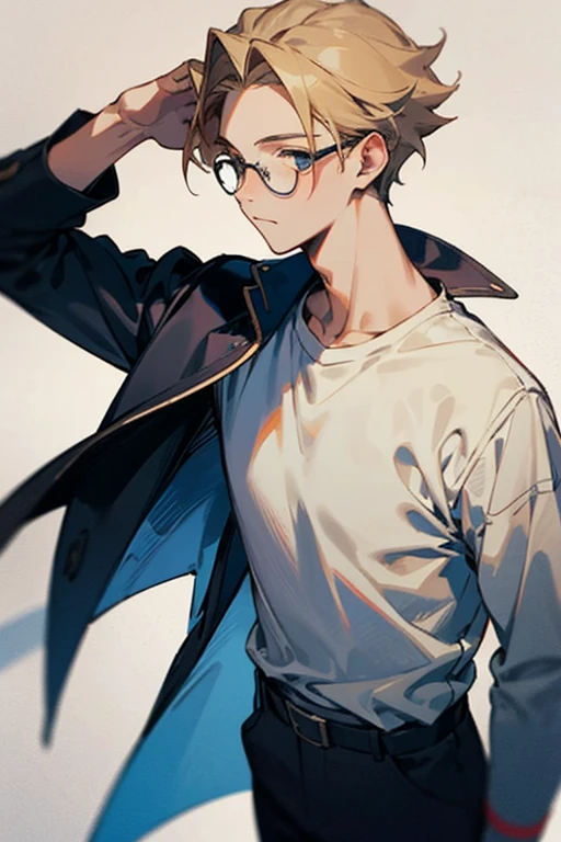 At school A boy with glasses and dark hair facing forward covering his forehead of average build, 16 years old, in love with a blonde boy with glasses, a year older than 17 years old.