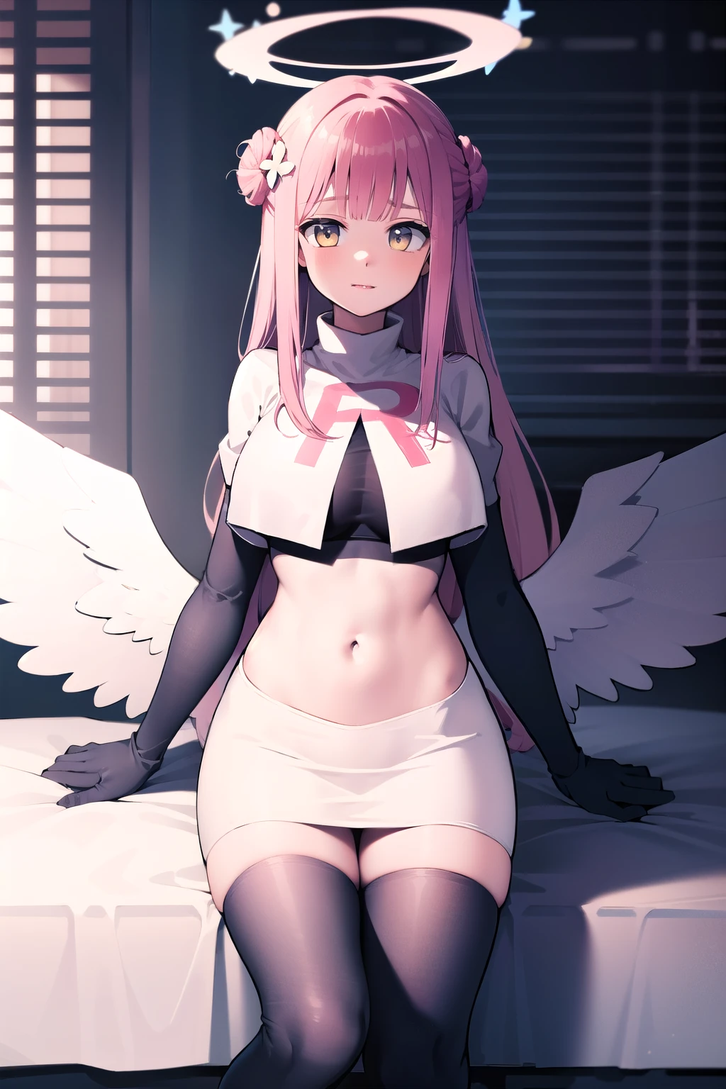 1girl, mika (blue archive), solo, pink hair, wings, halo, long hair,single side bun, hair bun, yellow eyes, hair ornament,  low wings, white wings, scrunchie, looking at viewer, hair flower, feathered wings, very long hair, angel wings, bangs,  team rocket,team rocket uniform,white skirt,red letter R,crop top,black thigh-highs,black elbow gloves