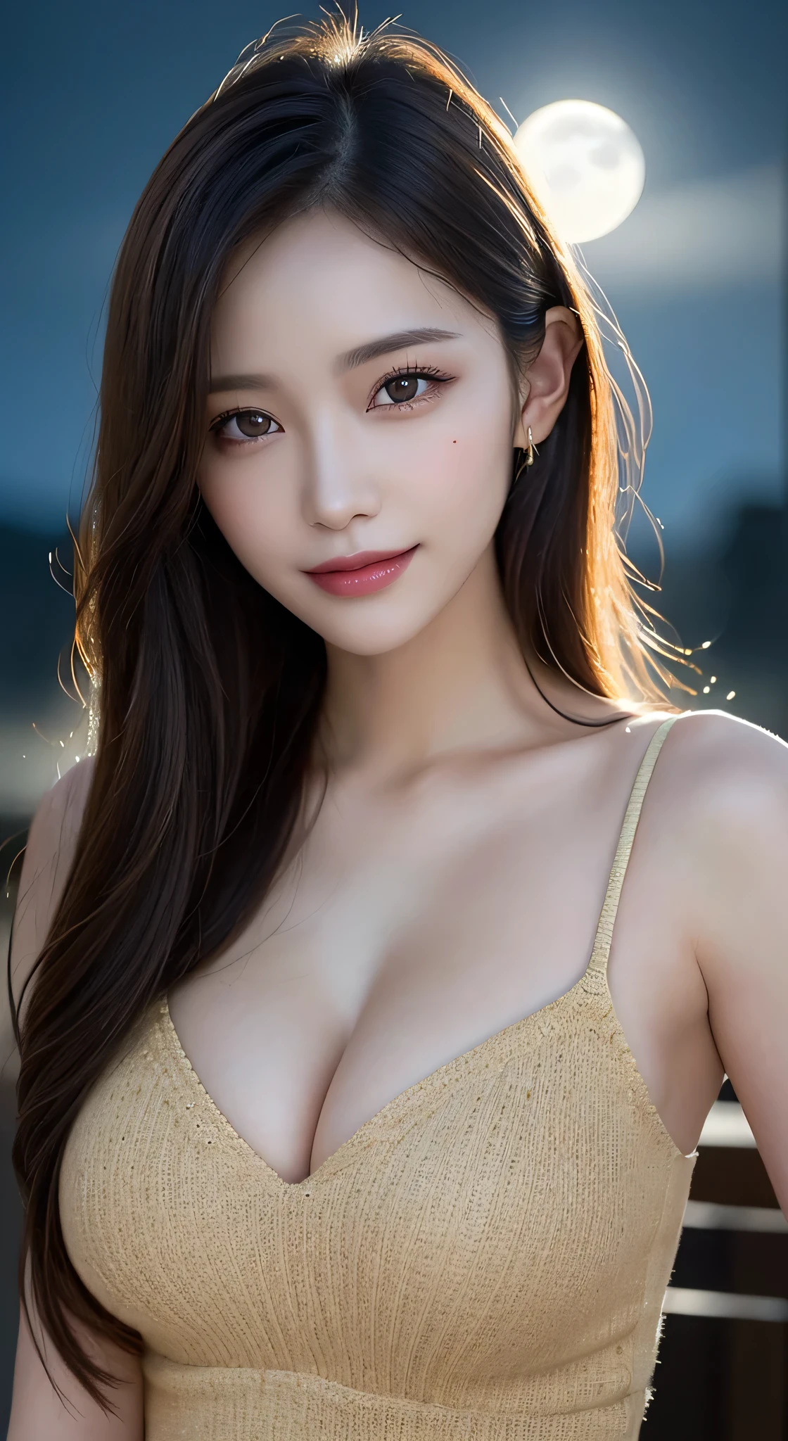 Body Portrait, 8k, Narrow and beautiful eyes, Dindal effect, masterpiece, 最high quality, high quality, High resolution, Highly detailed photos, (Natural skin texture, Fine skin, Hyperrealism, Ultra Sharpness), Skin with attention to detail, (Very fine, Fine skin texture, Intricate details, Beautiful Face, (Realistic Face), Realistic eyes, Beautiful and detailed eyes, Realistic Skin, Beautiful Skin, Surreal, Highly detailed golden ratio, Smiling Eyes, ((Night moonlight background) )), Body Portrait, G-Cup, Big Breasts, Huge breasts, Big Breasts, glamorous, sexy knit dress,